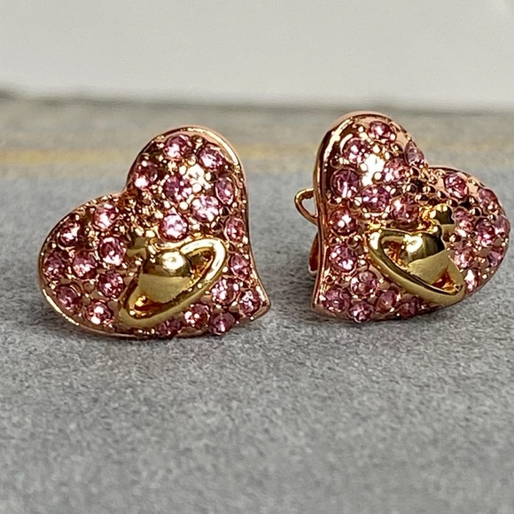 Vivienne Westwood Timy Diamante Heart Earrings Pink and Gold - Picture 13 of 16